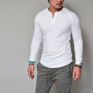 Men Henley T-Shirt Long Sleeve Casual Top Spandex Plain Solid Color Round Neck With Buttons Slim Fit Spandex Top For Men Daily