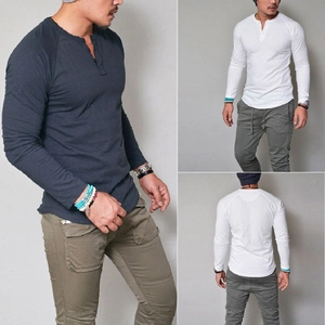 Three-way view of men's slim fit navy and white Henley shirts with raglan sleeves
