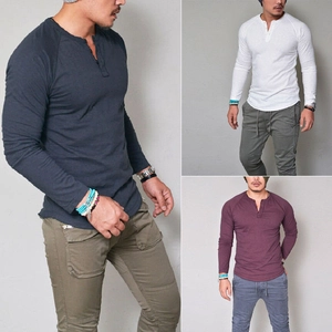 Detail view of cotton slim fit long sleeve Henley shirts in navy, white, and burgundy