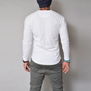 Slim fit men's white long sleeve T-shirt with curved hem and crew neck back view