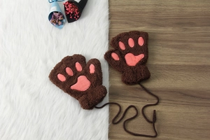 Cute brown plush fingerless cat paw gloves winter warm half finger mittens with anti-lost string