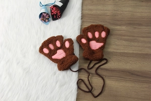 Winter brown plush half-finger gloves with cute pink cat paw pads and anti-lost string design.