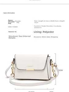 Detailed dimensions of white PU leather crossbody bag showing 22.5cm length and metal chain