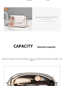 Detailed interior of a white crossbody bag showing multi-compartment storage capacity