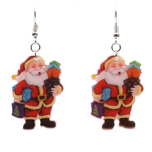 Santa Claus acrylic hook earrings with festive red and white prints on white background