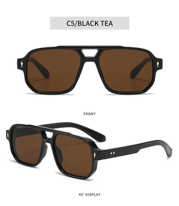 Front and 45-degree views of square black double-bridge sunglasses with tea lenses