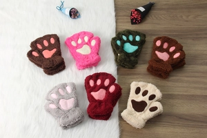 Cute winter plush half-finger cat paw gloves, thick warm fuzzy bear claw gloves for women.