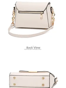 Detailed back view of white PU leather bag showing zipper pocket and metal base studs