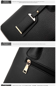 Detail of black lychee grain PU leather texture and premium pale gold metal hardware