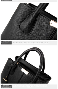 Macro detail of reinforced stitching and litchi texture on black leather handbag