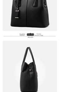 Detailed view of black litchi pattern leather texture and side show of tote handbag