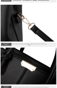 Close-up of glossy gold-plated hardware and zippers on a black litchi leather handbag