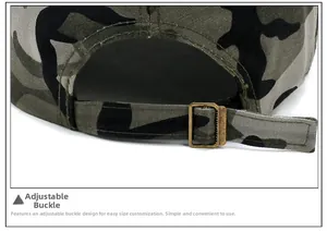 Détail de la boucle métallique réglable et de la sangle camouflage sur la casquette