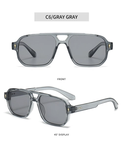Front and 45-degree macro views of square pilot sunglasses with gray translucent frames