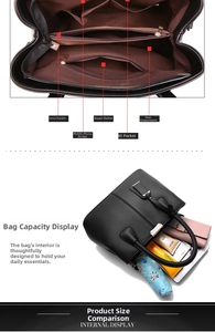 Internal display of black pebble leather tote featuring multiple functional compartments