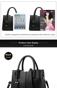 Chic black lychee grain handbag shown next to an iPad and magazine for size comparison
