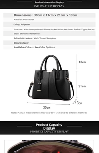 Detailed size chart and internal structure guide for lychee pattern leather handbag