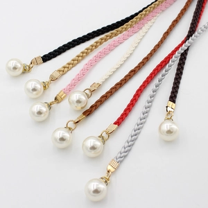 Women Woven Waist Rope PU Leather Thin Belt With Artificial Pearl Pendants Decorative Waist Chain For Dresses Fashion Accessory