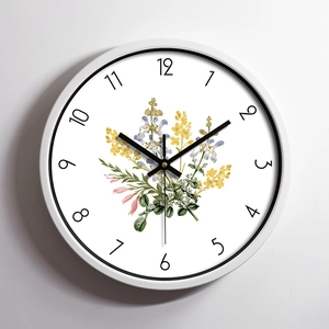 Minimalist white stainless steel wall clock with floral pattern and silent movement
