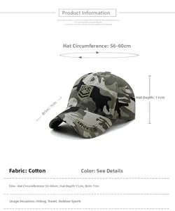 Guide des tailles pour casquette camouflage avec sangle réglable et détails en coton