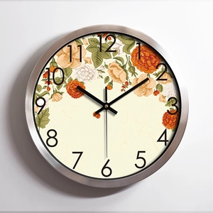 30cm silent stainless steel wall clock with vintage floral dial and silver metal frame
