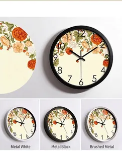 Minimalist metal wall clock with floral dial and multiple frame finish options
