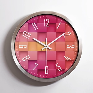 Modern silent wall clock with brushed metal frame and colorful 3D cube pixel art dial