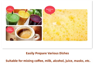 Close-up of electric frother results for mixing coffee, milk, eggs, and fruit juice