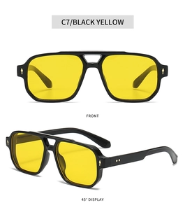 Front and 45-degree views of black pilot sunglasses with yellow transparent lenses