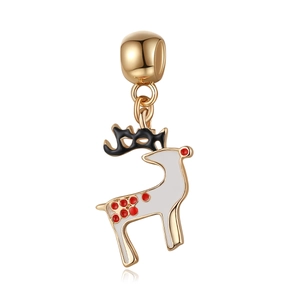 DIY Christmas reindeer charm with gold metal base and white enamel red polka dots