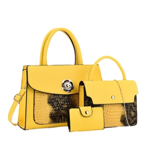 Three-piece bright yellow fashion handbag set with snake texture and floral lock
