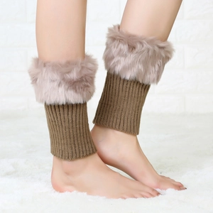 Short faux fur trim knit leg warmers in brown and pink for winter warmth