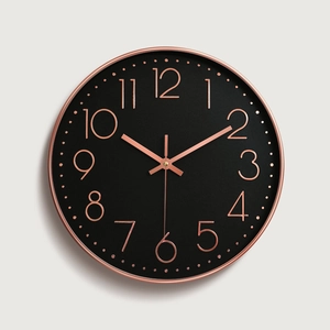 Minimalist 12-inch silent wall clock with black dial and rose gold numeric scales
