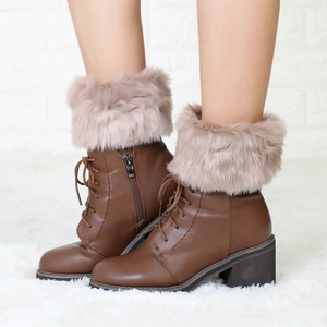 Brown lace-up platform ankle boots featuring light khaki plush fur trim and chunky high heels