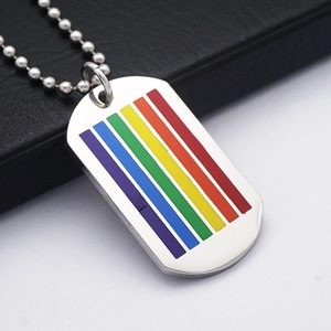 Close-up of rainbow striped rectangle pendant on a silver metal bead chain necklace