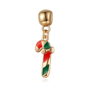 Christmas gold candy cane pendant with red and green enamel and festive bow details