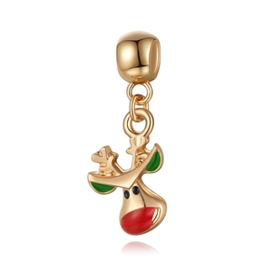 Golden Christmas reindeer pendant with colorful enamel details on a white background