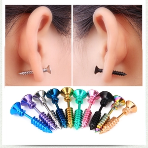 Macro detail of quirky screw-shaped stud earrings in various metallic plating colors