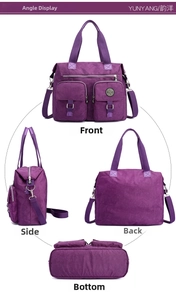 Detailed four-view display of a purple nylon tote with multiple functional pockets and straps