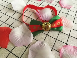 Dettaglio papillon festivo per animali con nastro rosso verde e campanellino d'oro