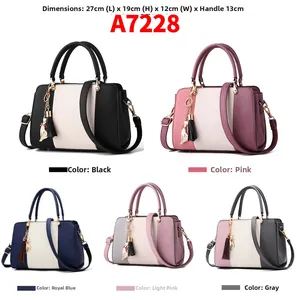 Multi-color patchwork handbags with cat pendant and tassel, showing 27x19x12cm dimensions