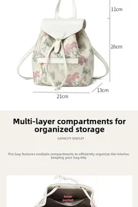 Floral backpack size chart showing 26cm height and internal pocket details