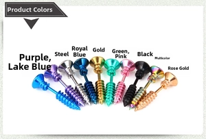Detailed close-up of screw-shaped stud earrings in 10 vibrant industrial style colors
