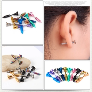 Creative stainless steel screw shaped stud earrings in various colors for punk style