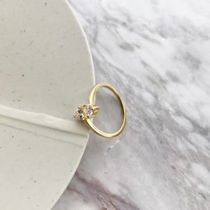 Minimalist S925 sterling silver gold plated ring with two round cubic zirconia stones