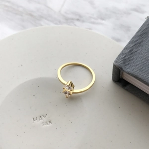 Minimalist S925 sterling silver ring in gold finish with two triangular zircon stones