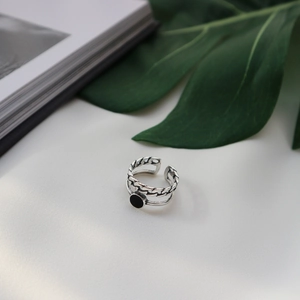 Bague rétro en argent S925 avec chaîne, émail noir et anneau ouvert ajustable pour femme