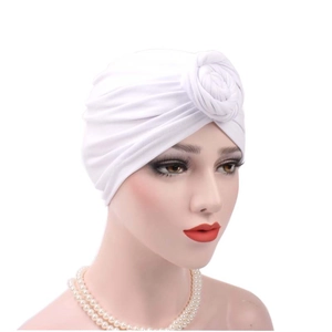White pleated cotton turban hat for women featuring an elegant 3D knot detail
