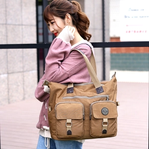 Waterproof nylon tote bag in khaki with large capacity and multi-pocket design