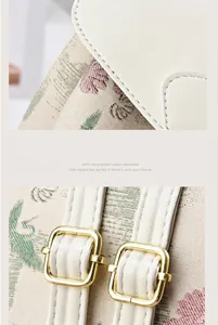 Detail of white leather trim and gold buckle on floral print backpack for women